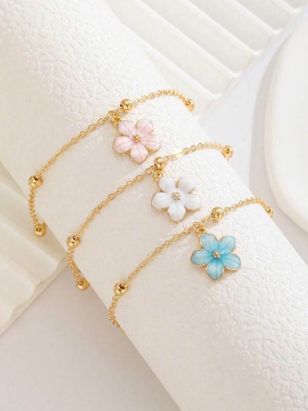 3pcs/Set Cute Fashion Flower Charm Beaded Bracelet For Kids Girls Friends Summer Beach Vacation Party Accessory Gift For Daily Wear