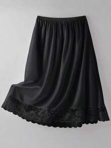 QING ROU 黑色缎面撞色蕾丝衬里及膝裙，不透明防闪光蕾丝边 A 字裙，适合搭配服装