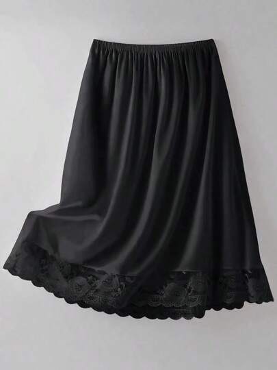 QING ROU Black Satin Contrast Lace Lining Knee-Length Skirt, Opaque Anti-Flashing Lace Trim A-Line Skirt, Suitable For Coordinated Outfit