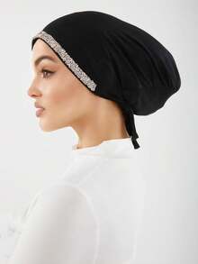 1 chiếc khăn trùm đầu bằng vải jersey màu trơn đính đá lấp lánh dành cho nữ, kiểu dáng bandana, mũ ống thời trang đính kim cương, phụ kiện hijab, mũ hijab đa năng phù hợp cho mọi mùa, mùa hè, đi biển. - Mũ lưỡi trai nhiều màu - Đính đá dập nổi - Xem 3