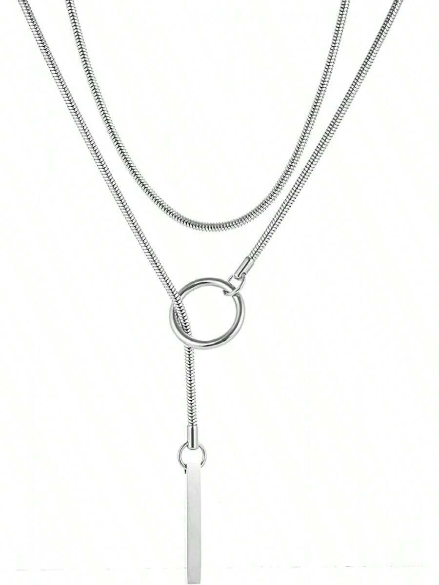 Collar de cadena deslizante para mujer, collar de acero inoxidable con colgante de barra, collar bohemio hecho a mano, collar largo de lariat, joyería de plata - Capas - Ver 1