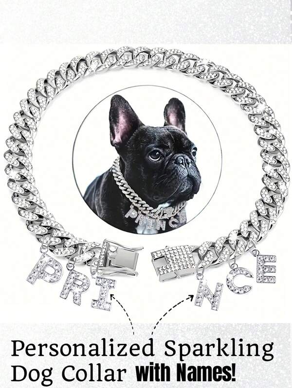 Sparkling Personalized Dog Necklace, Customized Dog Collar With Letter Pendant Tag - Rhinestone Dog Cuban Chain, With Double Lock Design Collar. Luxurious Hip-Hop Style Pet Collar With Diamonds - Metal Material, Dog Faux Diamond Necklace, Pet Alloy Collar Accessories, Hip Hop Style Accessory For Daily Wear And Parties- Sparkling Zinc Alloy Cuban Link Necklace With Personalized "PRINCE" Tag Pendant For French Bulldogs & Puppies, Dog Collar