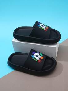 Kids EVA Foam Slippers, Lightweight Non-Slip Soft Soles Football Design, Comfortable Home/Casual Slip-On, Quick Drying, Solid Color, Thick Sole, Suitable For Boys & Girls, Beach Sandal - Black - View 8