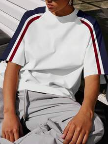 纯色插肩袖撞色设计复古美式风格短袖T恤，男女通用夏季度假情侣装 - 白色 - 查看 4