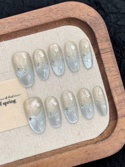 10 件手工指甲蓝色闪光猫眼法式星空星线装饰，中长椭圆形假指甲夏季指甲亚克力按压指甲，含果冻胶和指甲锉，DIY 美甲用品，每日情人节返校海滩必备