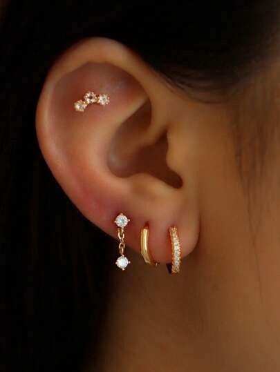 4 Peças/Conjunto Coleção Delicada de Piercing de Orelha Dourado com Detalhes de Cubic Zircônia, Inclui Brincos de Pressão, Argolas e Cartilagem para Mulheres
