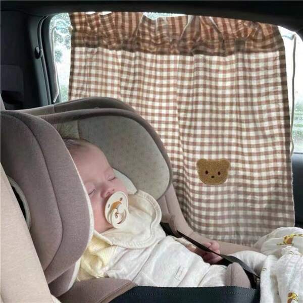 1pc Cute Embroidered Bear & Rabbit Plaid Window Suction Cup Curtain, Car Side Window Sun Shade, Heat Insulation And Blackout