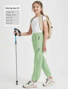 EXARUS Girls Jogger Hiking Pants Waterproof Kids Sports Quick Dry Lightweight Zipper Pockets High Waist 6-14 Years - Xanh nhạt - Xem 6