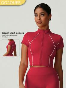 Women's Colorblock Line Slim Fit Zipper Small Stand Collar Short Sleeve Jacket - Red - View 1