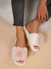 2025 New Floral Fluffy Slippers For Women, Flat Open Toe Non-Slip Indoor Outdoor Wear, Fur Slides With Chinese Style Bohemian Patch, Autumn/Winter