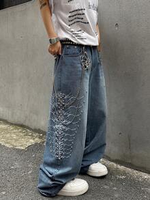 1 pieza Jeans de pierna ancha y ajuste holgado con bordado retro estilo americano, pantalones casuales de calle alta personalizados con remaches y perlas, unisex (cinturón y accesorios no incluidos) - Azul - Ver 4