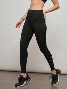 压缩运动紧身裤，网眼拼接设计，侧边手机口袋 - 黑色 - 查看 3