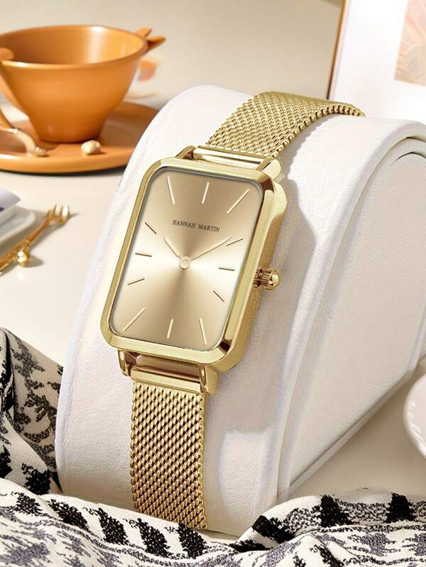HANNAH MARTIN 1 pieza Reloj cuadrado de moda de 34mm en color oro rosa, plata, oro y negro, con estilo minimalista, movimiento original importado de Japón, correa de malla de acero inoxidable, reloj de muñeca casual para mujer