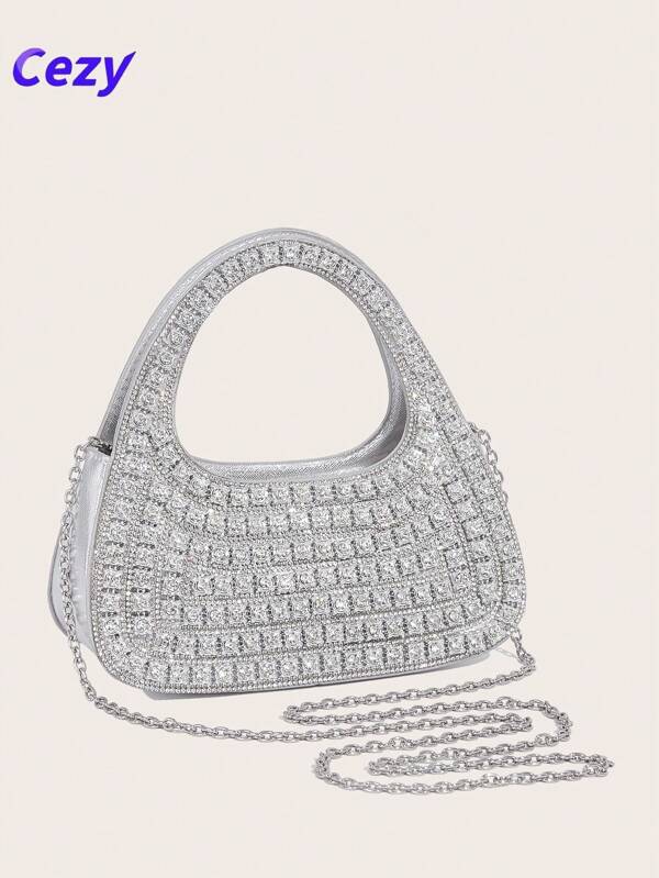 Cezy Bolso de mano con tachuelas de rhinestone de lujo, bolso de mano brillante con correa para el hombro desmontable, elegante para eventos formales, bodas, fiestas, bolso multiusos con asa superior y para el hombro