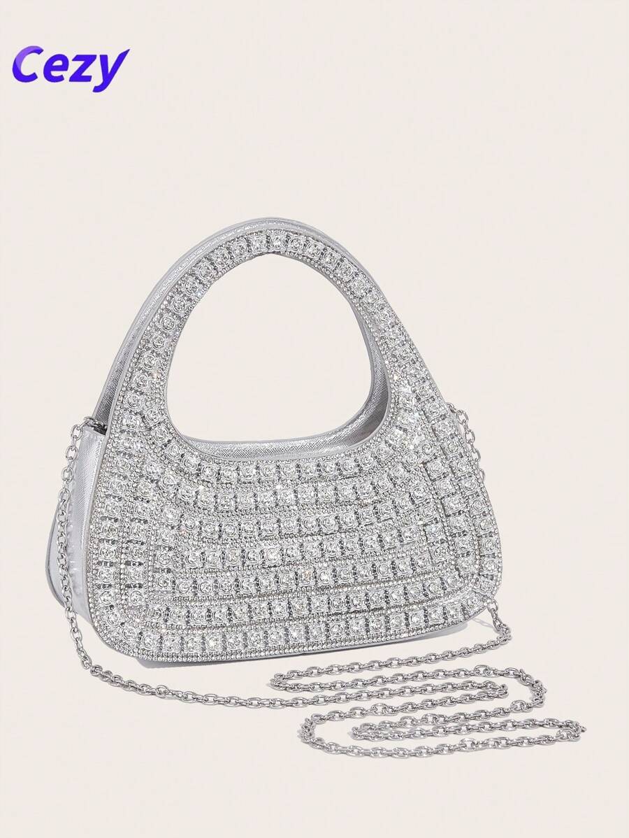 Cezy Bolso de mano con tachuelas de rhinestone de lujo, bolso de mano brillante con correa para el hombro desmontable, elegante para eventos formales, bodas, fiestas, bolso multiusos con asa superior y para el hombro
