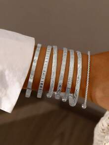 3 件/5 件/7 件复古优雅夸张宽金属素手镯套装，个性化简约高端多层珠宝适合女性、节日、派对、约会、礼物、日常搭配 - 金黃色 - 查看 7