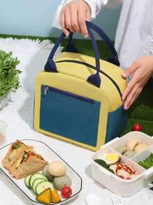 1 pieza Bolsa de almuerzo con capacidad grande y bloques de color para estudiantes - Diseño de tela Oxford portátil, revestimiento de aluminio grueso, fácil de llevar, mantiene la comida caliente y fría, adecuado para viajes al aire libre, estilos masculinos y femeninos, sin contacto con los alimentos, bolsa de almuerzo aislada, esencial para volver a la escuela