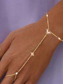 1 Pc Bohemian-Style Octagonal Star And Sun Rhinestone Finger Ring Bracelet, Summer Beach Silver Finger Chain, A Perfect Gold Jewelry For Friends And Mom As A Holiday Wedding Gift