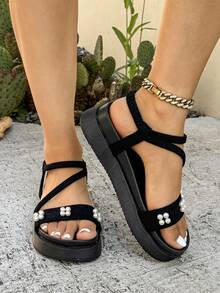 Women's Rhinestone Strap Platform Wedge Sandals, Elegant Roman Style Casual Commuting All-Match Summer Shoes - Black - View 4