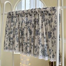 1 件蓝色玫瑰花朵短窗帘，复古印花，白色蕾丝边，适合乡村风格的窗户、厨房、咖啡厅、复古房间装饰、摄影、家居装饰