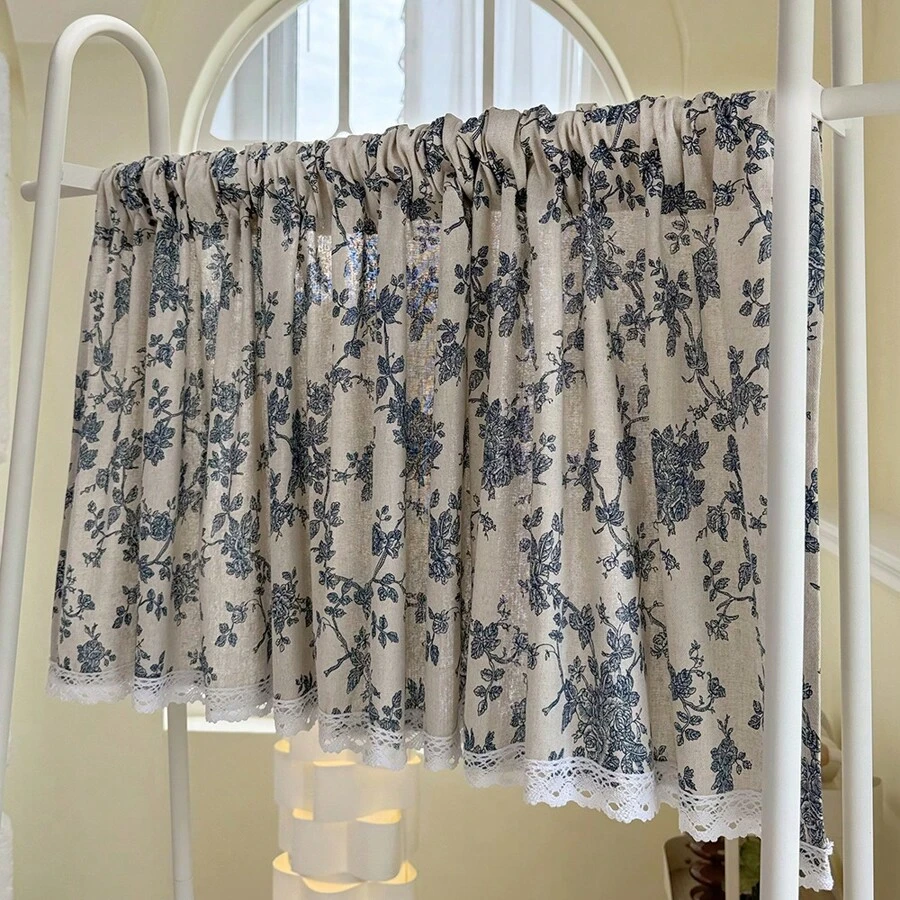 1 件蓝色玫瑰花朵短窗帘，复古印花，白色蕾丝边，适合乡村风格的窗户、厨房、咖啡厅、复古房间装饰、摄影、家居装饰