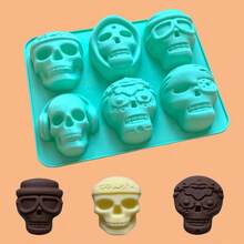 1pc Skull-Shaped Ice Cube Tray, 6 Cavity 3D Silicone Mold For Whiskey, Cocktail, Halloween Baking, Chocolate, Candy, Pudding, Reusable - Green - View 2
