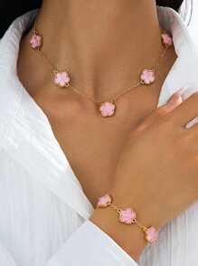1 Set Elegant Fashionable Lucky Pink Clover Pendant Necklace & Bracelet Jewelry Set, Wedding Gift