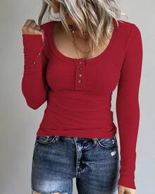 Women's Long Sleeve Henley Shirts Button Down Tops Scoop Neck Ribbed Knit Shirts - 紅色 - 查看 3
