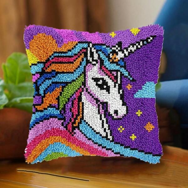 DIY Unicorn Prince Latch Hook Kit For Beginners - Pre-Printed Pillowcase, Hook & Latch Rug Set, Cross-Stitch Cushion Cover - Colorful Unicorn Design With Stars & Rainbows - Ideal For Home Sofa Decor - 43cm/16.93in X 43cm/16.93i