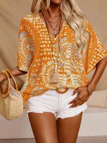 Plus Women's Bat Sleeve Printed V-Neck Blouse - 黃色 - 查看 2