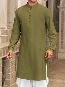 Runcati Men's Cotton Linen Henley Button Down Thobe Long Sleeve Casual Muslim Kaftan Gown - xanh quân đội - Xem 1