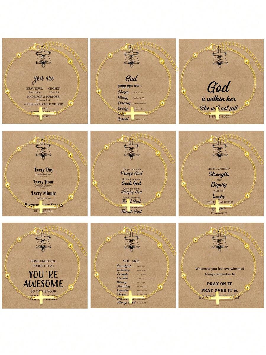 1 件女士十字架仿珍珠青瓷串珠手链套装，时尚西部牛仔风格十字架串珠手链叠戴套装，时尚珠宝礼品，信仰礼品，基督教礼品，友谊礼品