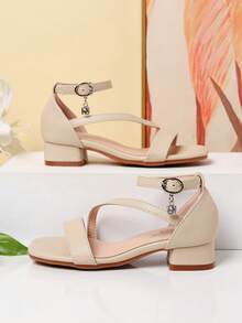 1 Pair Summer New Girls' Fashion Roman High Heel Sandals, Diagonal Strap Decor Personalized Elegant Dignified Elegant, Girls' High Heel Dance Shoes, Student Performance Daily Activity Sandals - Apricot - View 3