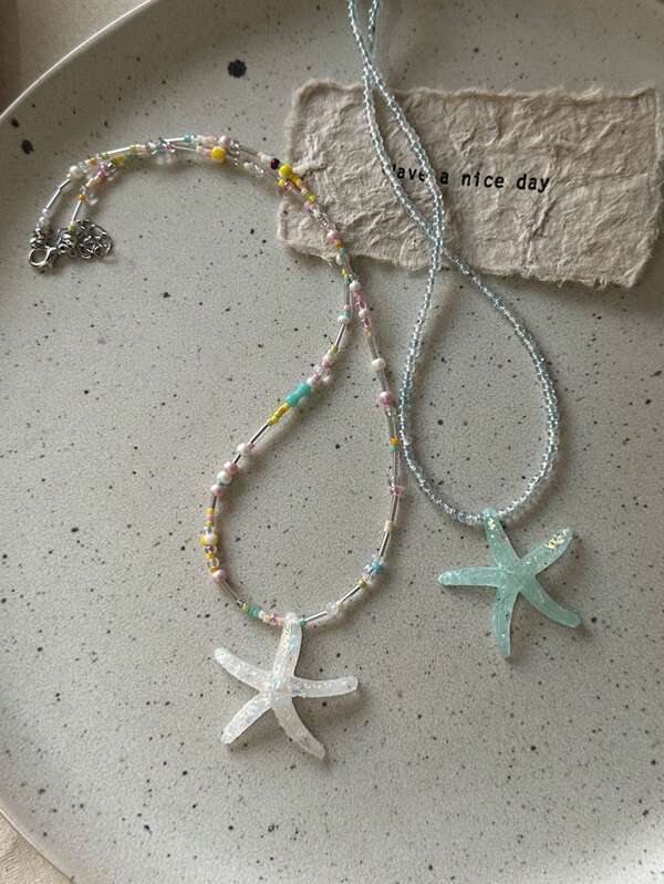 1pc Bohemian Starfish Summer Colorful Beaded Y2K Star Necklace, Fresh Dopamine Necklace For Women, Sweet & Casual Wear For Vacation