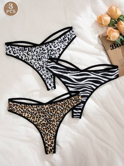 3pcs/Pack Zebra Print Criss-Cross Thong Panties For Women