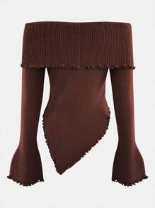 波西米亚风节日派对复古风格露肩纯色 3D 花卉修身长袖套头衫 - 紅棕色 - 查看 3