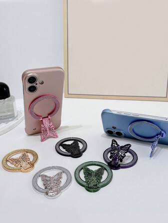 1 pieza Funda universal para teléfono con cargador inalámbrico plegable, anillo de sujeción y mariposa brillante con imán