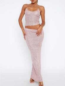 Two Piece Skirt Set For Women Sparkle Sleeveless Spaghetti Strap Scoop Neck Cami Tops Bodycon Maxi Long Skirts Sets Glitter Night Out Outfits Clubwear Party Dresses - 粉色 - 查看 3
