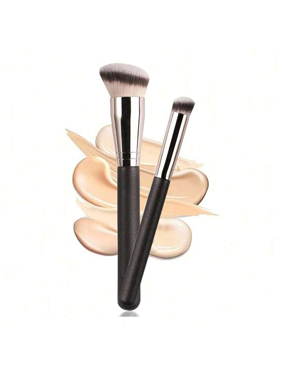 2支/套 时尚珠光手柄柔软密实刷毛遮瑕刷/粉底刷，用于遮瑕膏晕染、定妆和粉底液/膏状产品抛光，粉底刷、遮瑕刷、腮红刷、修容刷、古铜粉刷、散粉刷、粉底刷、腮红刷 - 黑色 - 查看 1