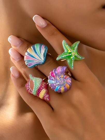 Set de 4 anillos de acrílico con forma de estrella de mar y concha de estilo "Dopamina", accesorios elegantes y versátiles para el uso en vacaciones de la mujer