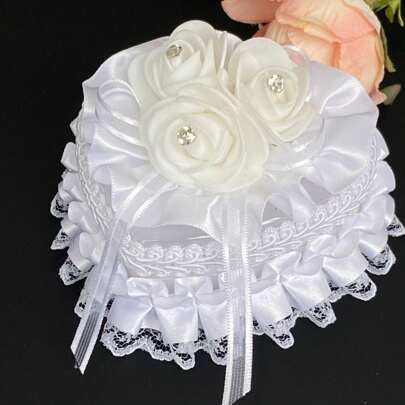 1pc Romantic Heart Shaped Ring Box, White Rose Bride Bridesmaid Ring Holder Storage Box, Wedding Ring Holder Prop, Wedding Decor, Holiday Gift, Handmade, Suitable For Any Wedding