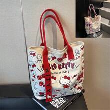 Sanrio Hello Kitty Cartoon Cute Canvas Bag, Portable Large Capacity Student Carrying Shoulder Bag, Cute Commuting Tote Bag, Suitable For Work, Travel, School, Daily Use