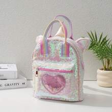 1pc Shiny Sequin Backpack, Large Pasta Shape, Unicorn Horn Design, Convertible Shoulder & Handbag, Adjustable Rainbow Strap, Zipper Closure, Suitable For School, Outings, Lovely Gift
