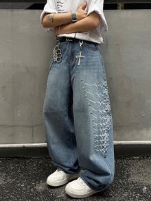 1 pieza Jeans de pierna ancha y ajuste holgado con bordado retro estilo americano, pantalones casuales de calle alta personalizados con remaches y perlas, unisex (cinturón y accesorios no incluidos) - Azul - Ver 1