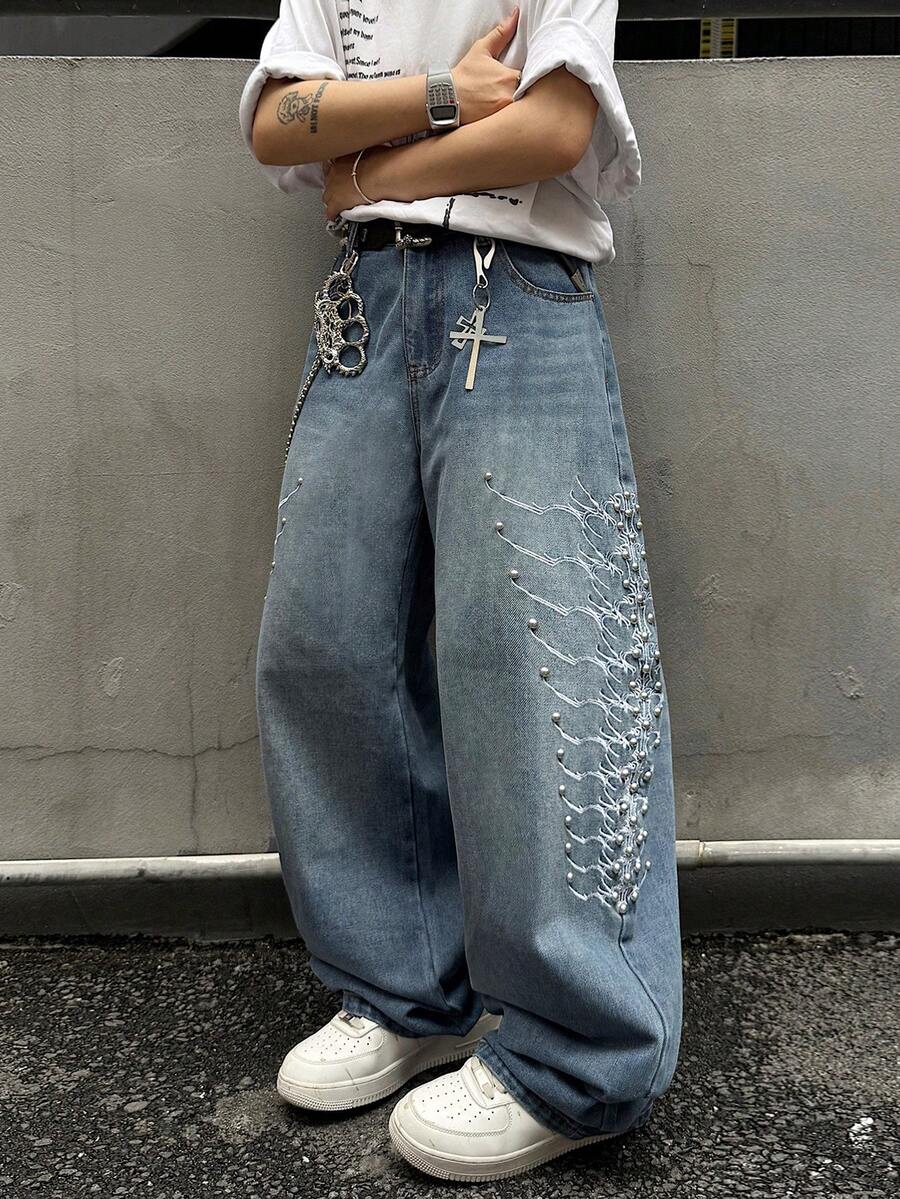 1 pieza Jeans de pierna ancha y ajuste holgado con bordado retro estilo americano, pantalones casuales de calle alta personalizados con remaches y perlas, unisex (cinturón y accesorios no incluidos) - Azul - Ver 1