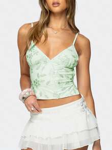 Women's Glitter Sequins Sleeveless Camisole Tops Flower Backless Tie Up V Neck Spaghetti Strap Crop Tank Tops - Green - View 4