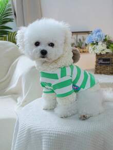 PETCIRCLE 1件寵物衣服 比熊泰迪小狗幼犬連帽寵物上衣 防風休閒可愛寵物上衣 條紋毛球連帽衫 綠色與白色條紋 - 彩色 - 查看 3