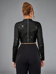 CHOSMO Áo corset đính hạt màu trơn bóng, thanh lịch, thích hợp cho các bữa tiệc dành cho nữ, sinh nhật, kỷ niệm, lễ tốt nghiệp, dạ hội, vũ hội. Màu đen, thích hợp cho mùa xuân. - màu đen - Xem 3