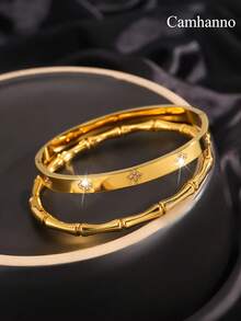 Camhanno 两件简约时尚、优雅迷人的不锈钢竹节锆石手链，不同形状和款式组合，为您的美丽加分，适合日常佩戴，送给爱人/闺蜜。 - 金黃色 - 查看 11