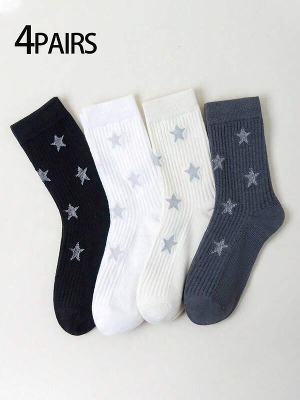 4 paia di calze alla caviglia da donna, con stampa di stelle bianche e nere, design minimalista alla moda, versatili, morbide e confortevoli, traspiranti, adatte per feste e abbigliamento quotidiano